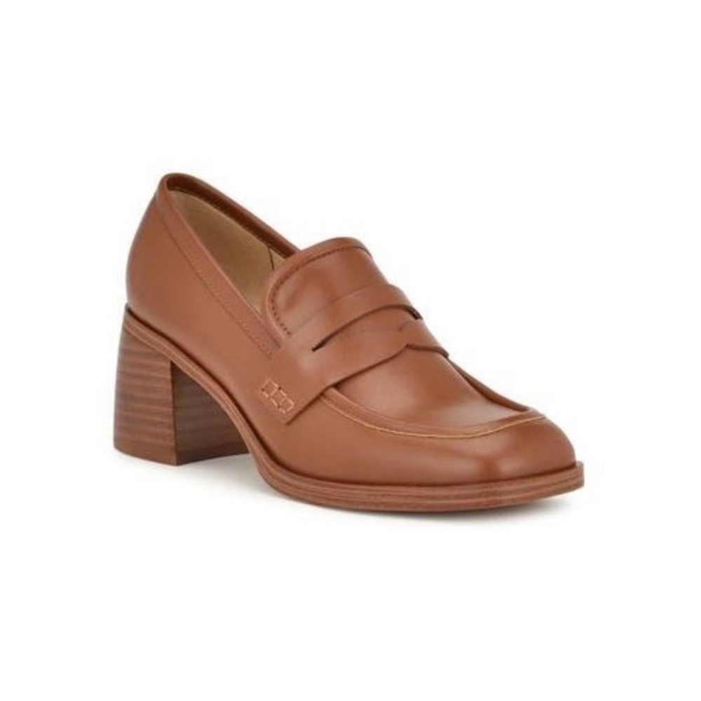 Nine West Anessia Cognac Brown Block Heel Penny Loafers WNANESSIA3 Size 7.5M